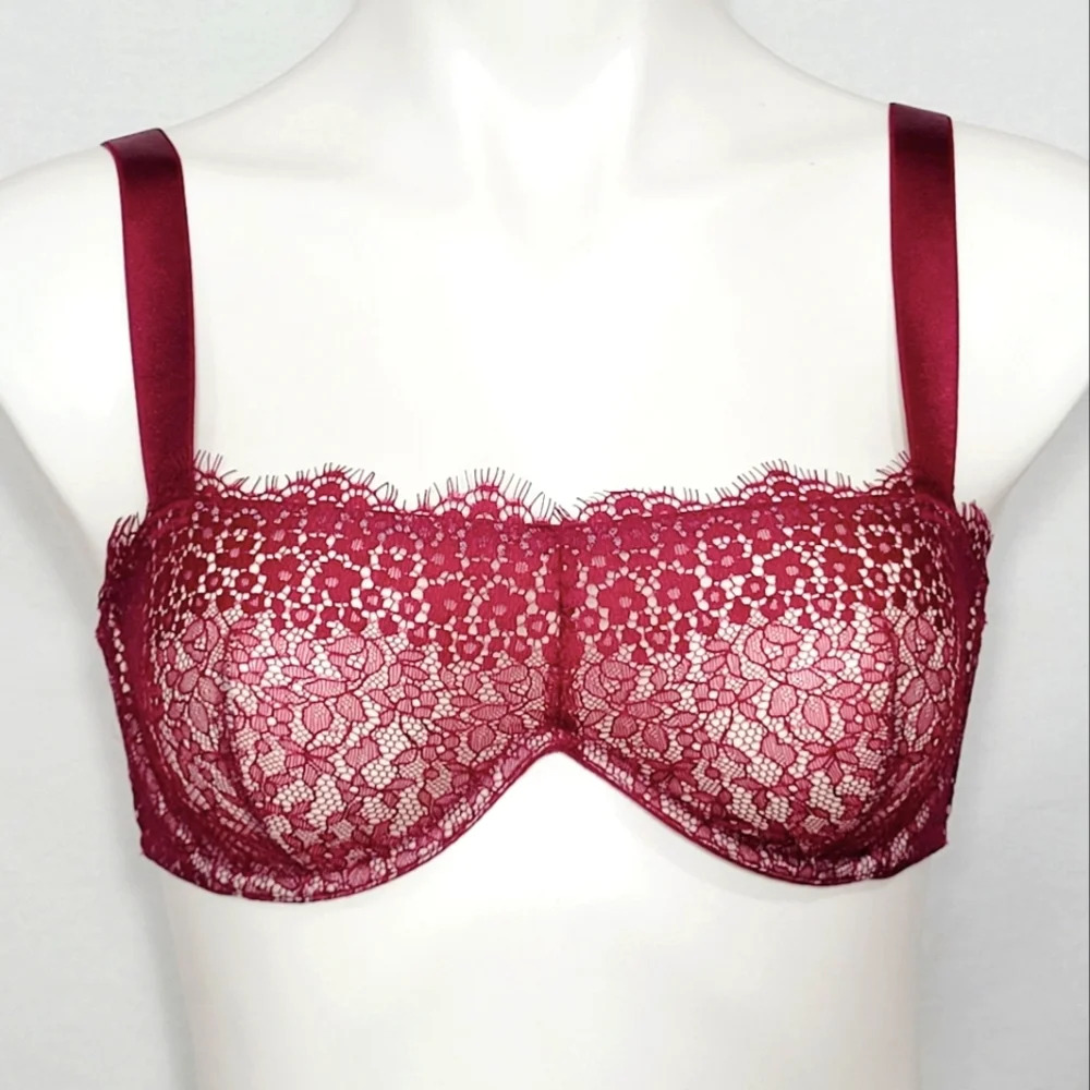 32C Victoria's Secret Semi Sheer Lace Balconette Underwire Bra ‎ Burgundy